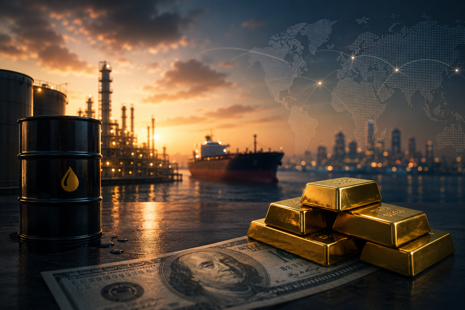 Cross-asset market visualization with oil barrel, gold bars, US dollar bill and refinery/tanker at sunset illustrating reaction to US-Iran ceasefire hopes across oil, the dollar and gold