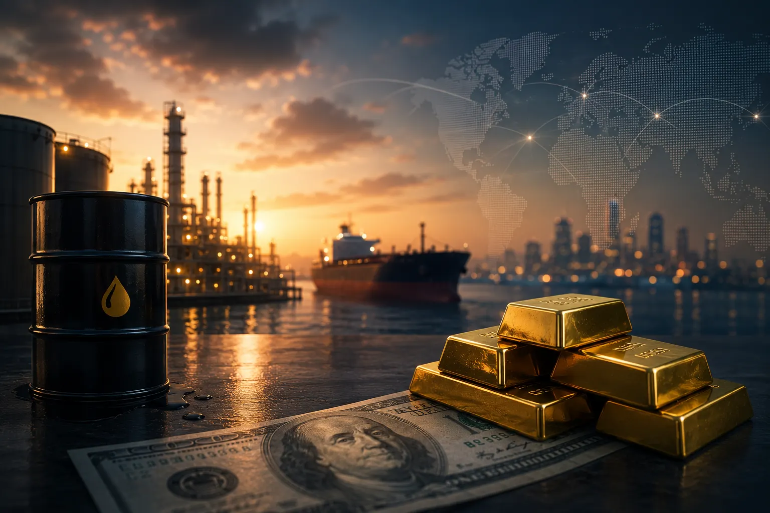 Oil refinery with an oil barrel and gold bars on a US dollar