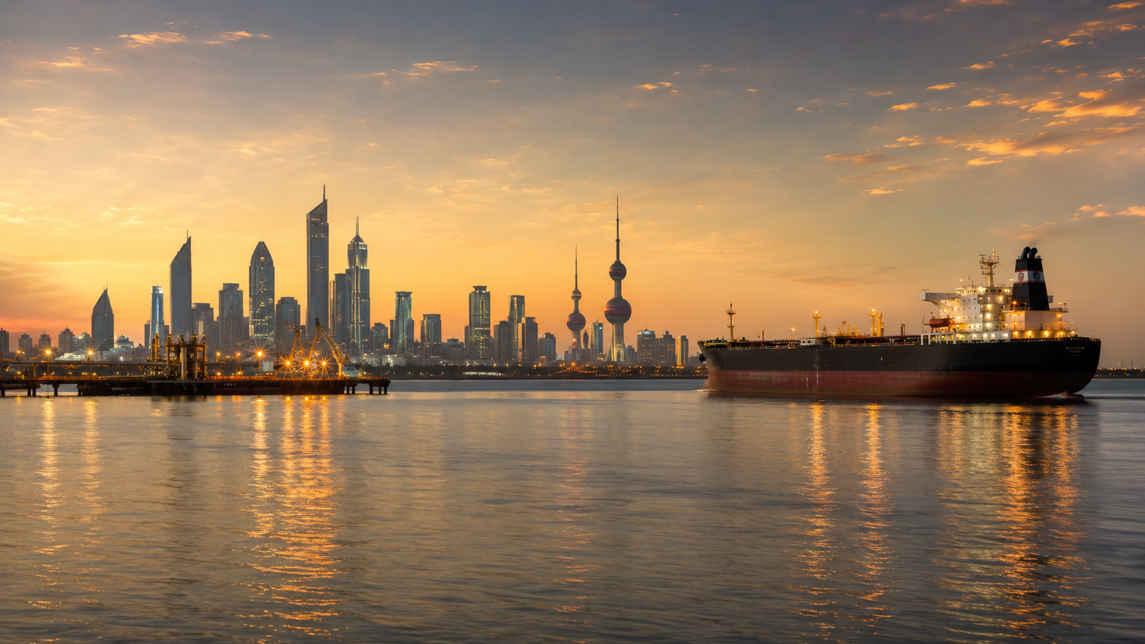 Kuwait City skyline at sunset with an oil tanker on the Gulf, illustrating Kuwait sovereign credit ratings during the Strait of Hormuz shock