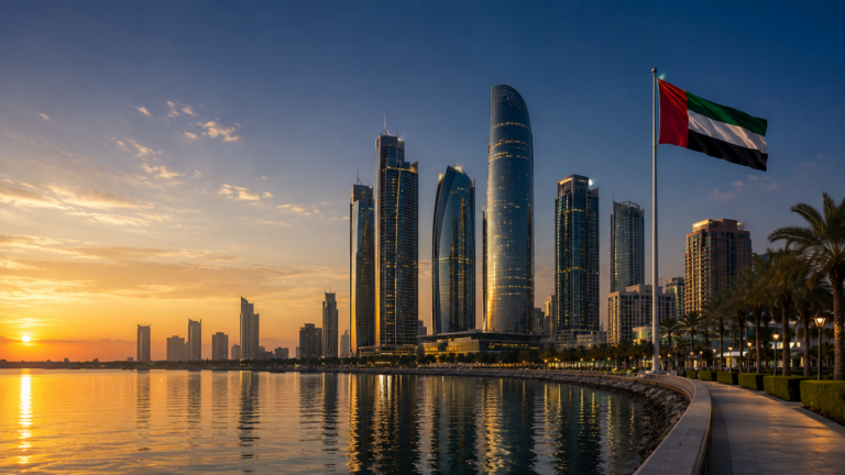 Abu Dhabi corniche skyline at sunset with UAE flag illustrating Abu Dhabi sovereign wealth funds Mubadala and ADIA raising billions through share sales