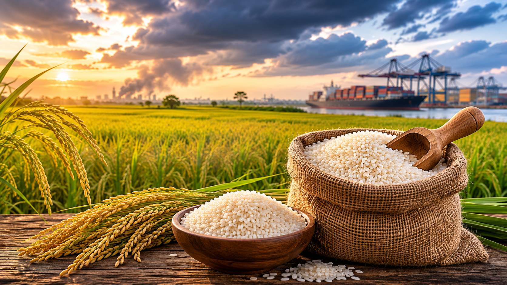 Sack of rice and rice paddy field with container port symbolising Asian rice prices supply chains and food security