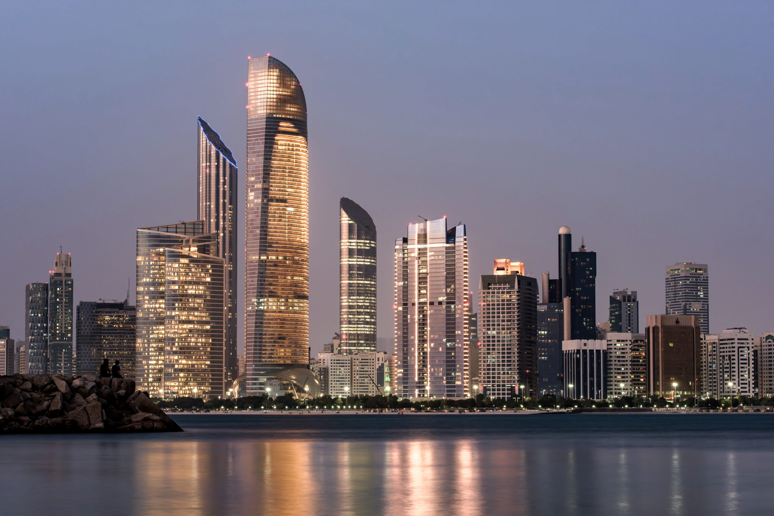 Abu Dhabi waterfront skyline at evening