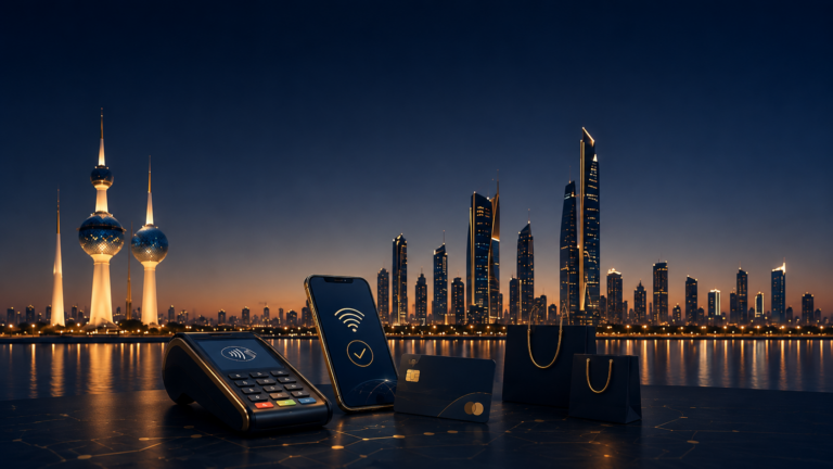 Kuwait skyline with point-of-sale terminal, contactless mobile payment and bank card representing Kuwait consumer spending and digital payments