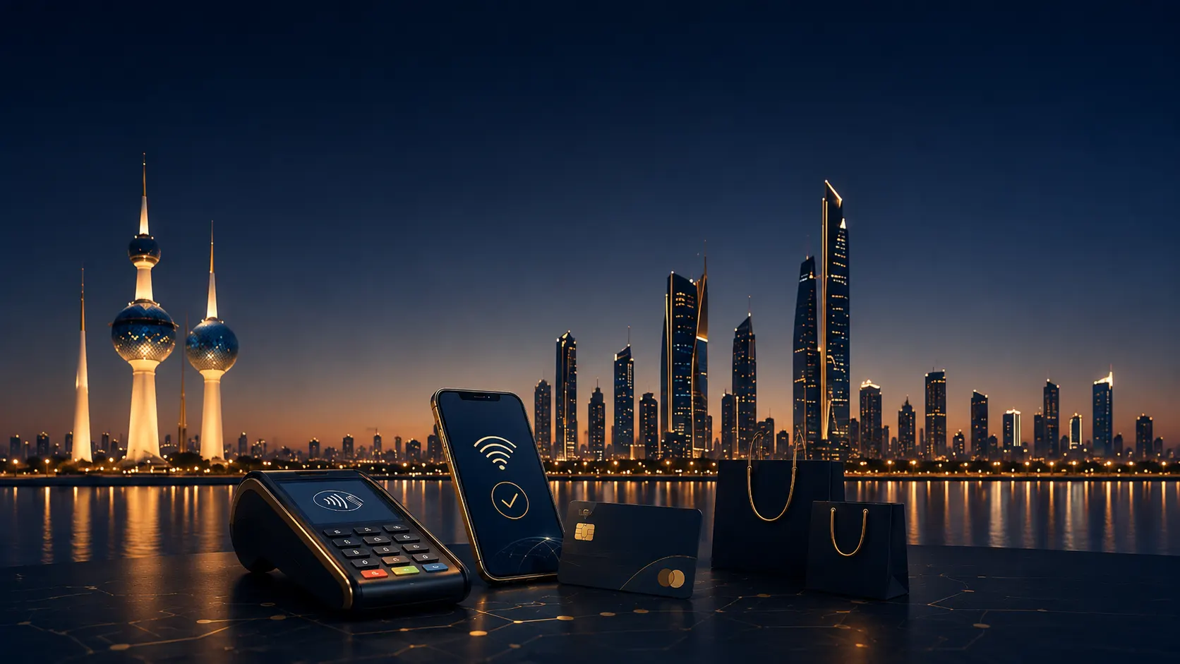 Kuwait Towers skyline with a contactless payment terminal