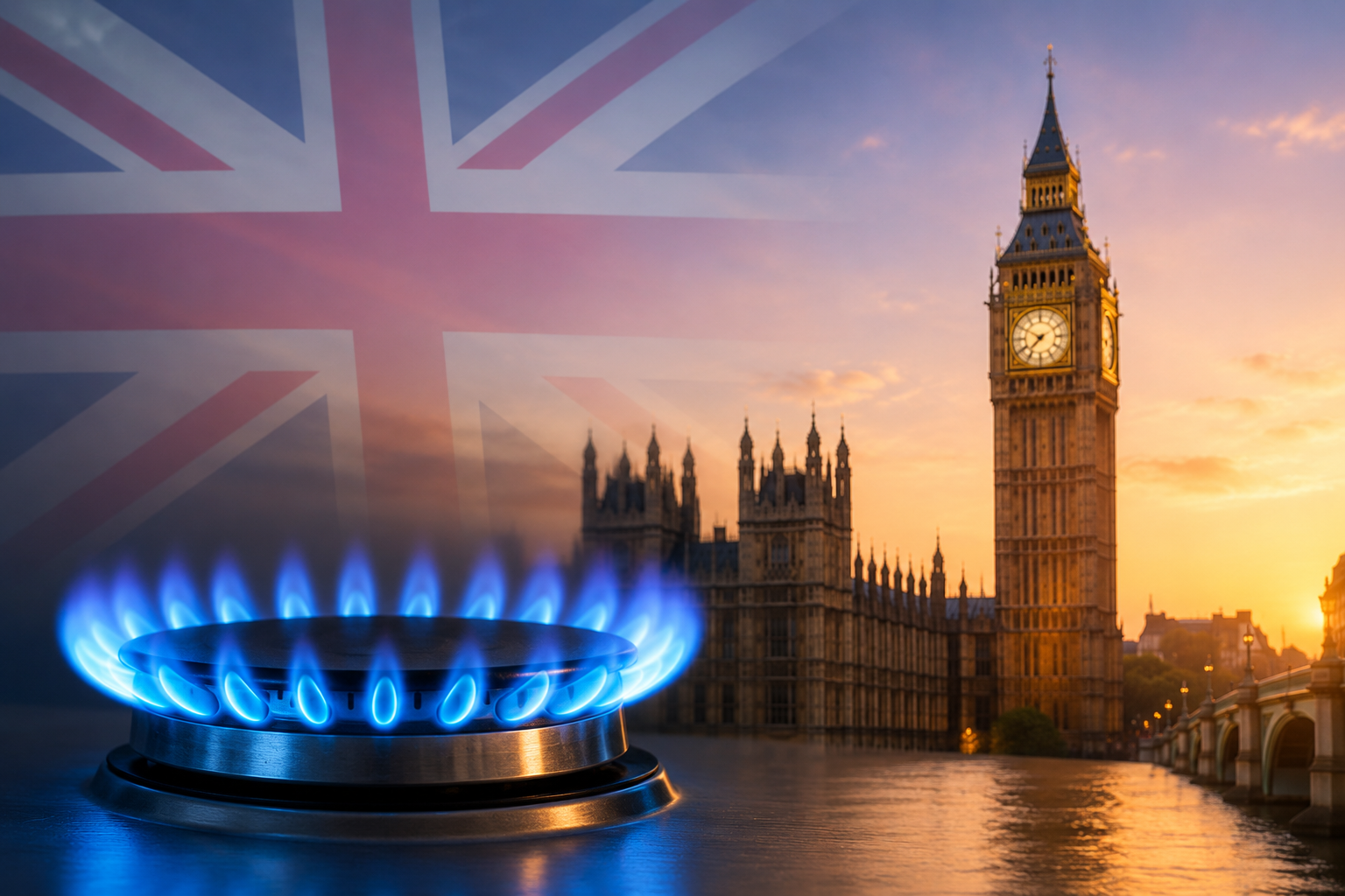 UK flag and Big Ben behind a blue gas burner flame, illustrating UK energy and gas costs