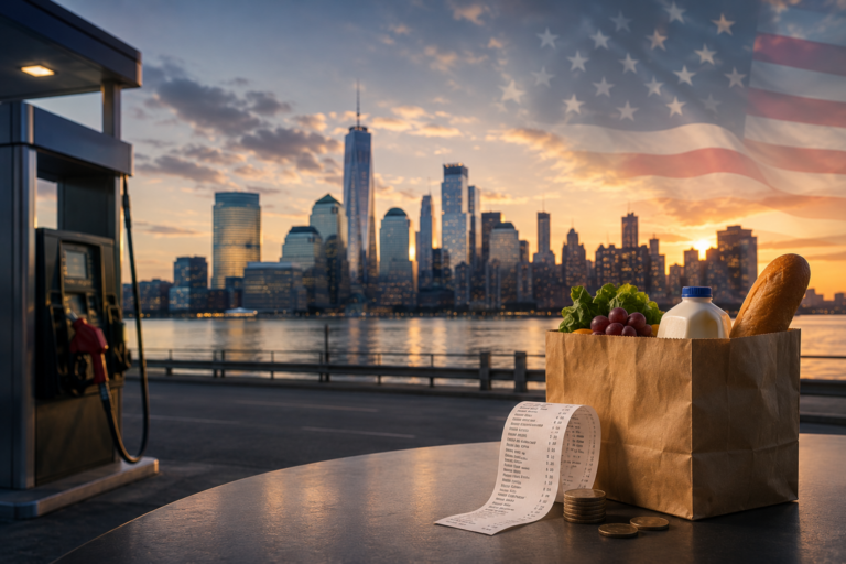 Conceptual image of US inflation with the New York City skyline, US flag, a gasoline pump and a grocery bag with a long receipt illustrating PCE inflation pressures in April 2026