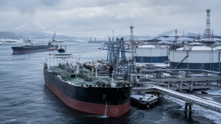 Crude oil tanker loading at a crude export terminal in winter