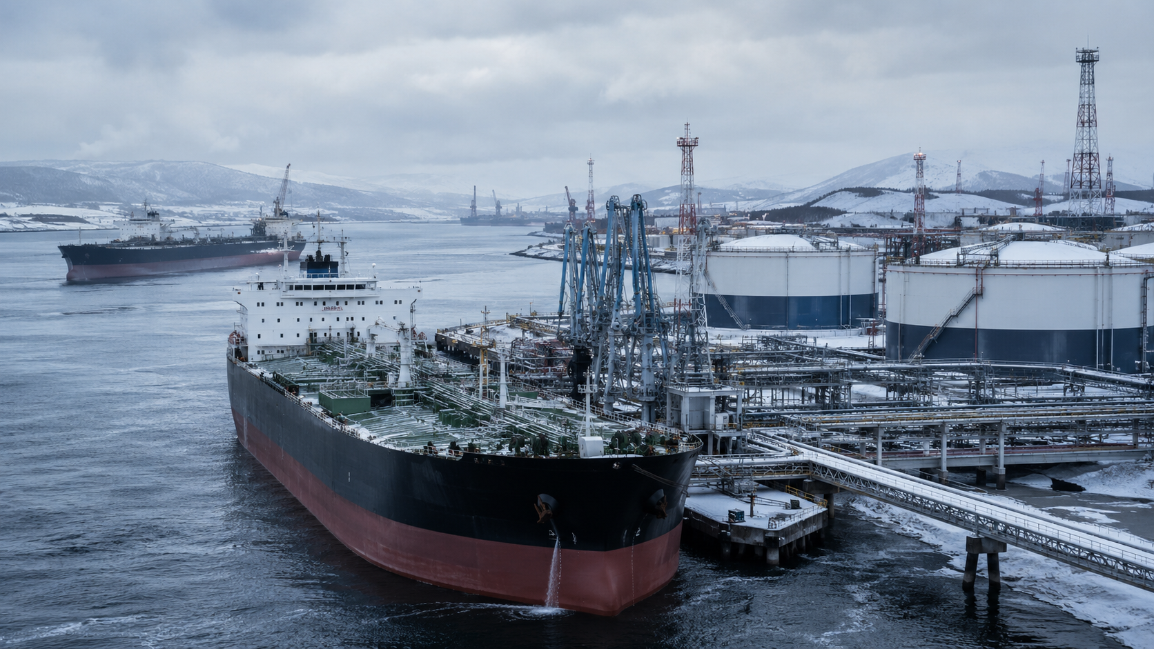 Crude oil tanker loading at a crude export terminal in winter