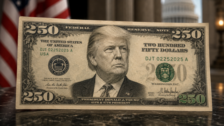 Conceptual mockup of a proposed $250 US banknote tied to the 250th anniversary of US independence, illustrating the legal debate over featuring living individuals on US currency