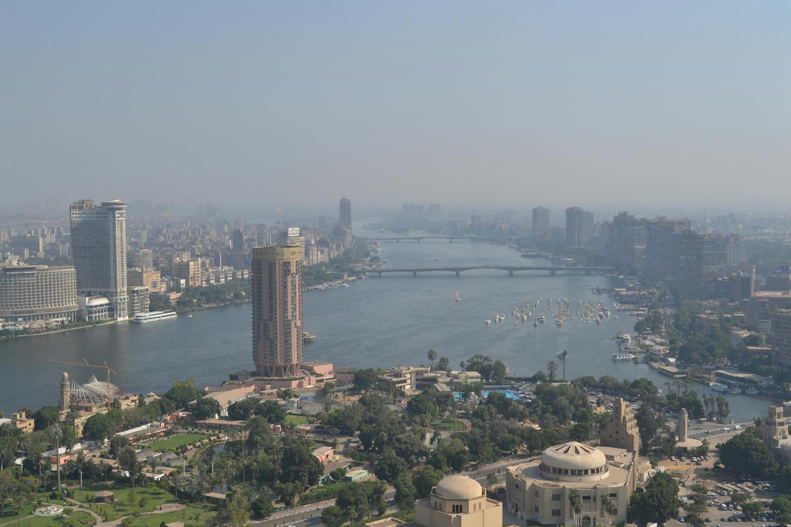 Aerial view of Cairo cityscape with the Nile River running through the center