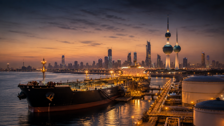 A very large crude carrier docked at a Kuwaiti crude oil export terminal at dusk with the Kuwait Towers and Kuwait City skyline in the background