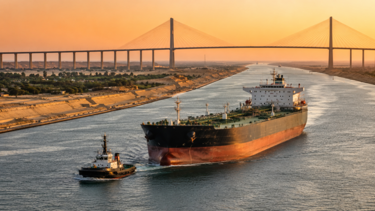 An oil tanker escorted by a tugboat transits the Suez Canal at sunset, passing under the Suez Canal Bridge in Egypt