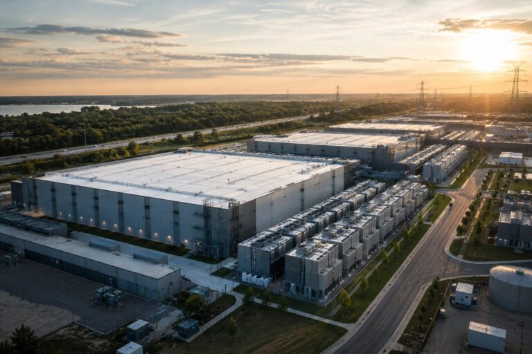 Aerial view of a hyperscale data centre campus at sunset with rooftop cooling units, an adjacent substation, and high-voltage transmission lines