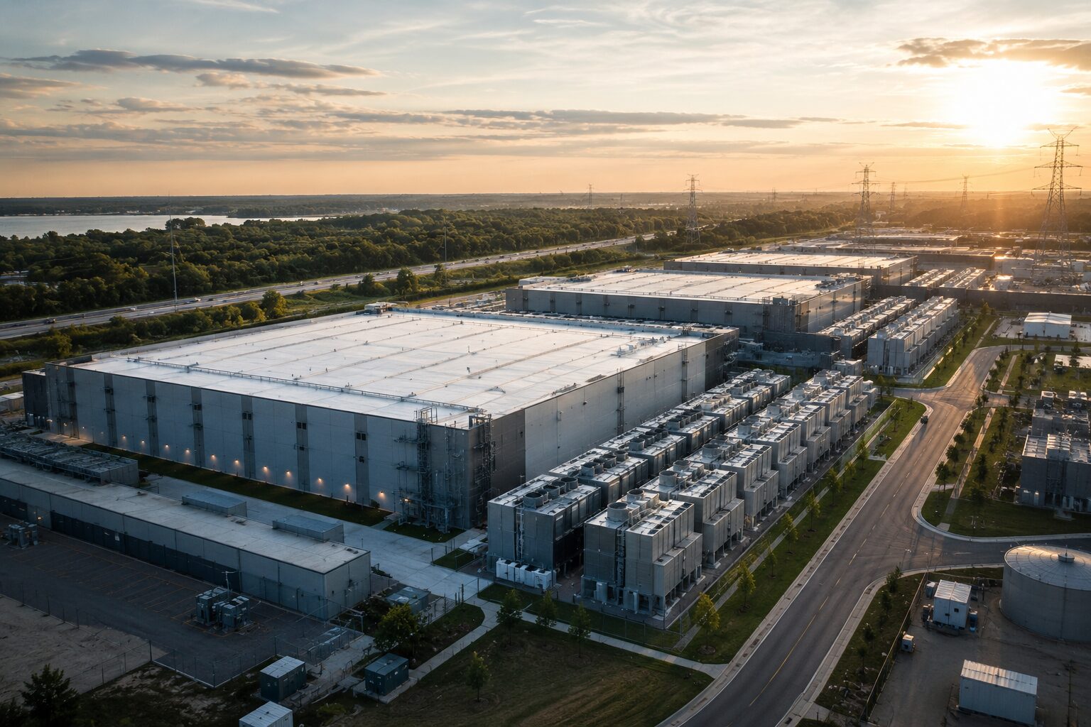 Aerial view of a hyperscale data centre campus at sunset with rooftop cooling units, an adjacent substation, and high-voltage transmission lines
