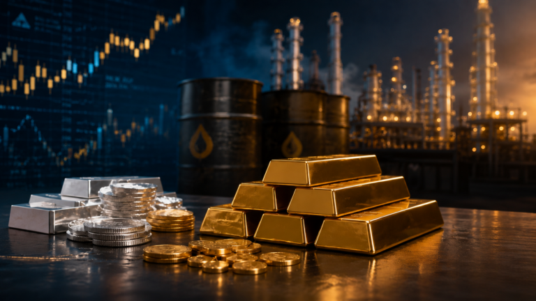 Gold bars and silver coins stacked beside a black oil drum with a market chart background and an oil refinery skyline at night
