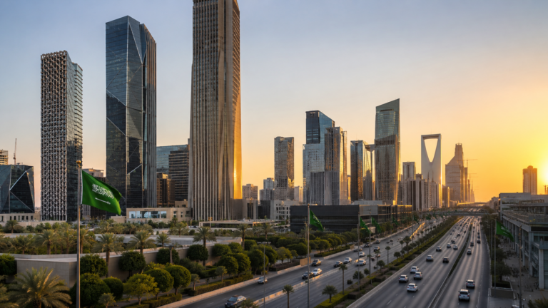 Riyadh skyline at sunset showing the King Abdullah Financial District with the Saudi flag in the foreground