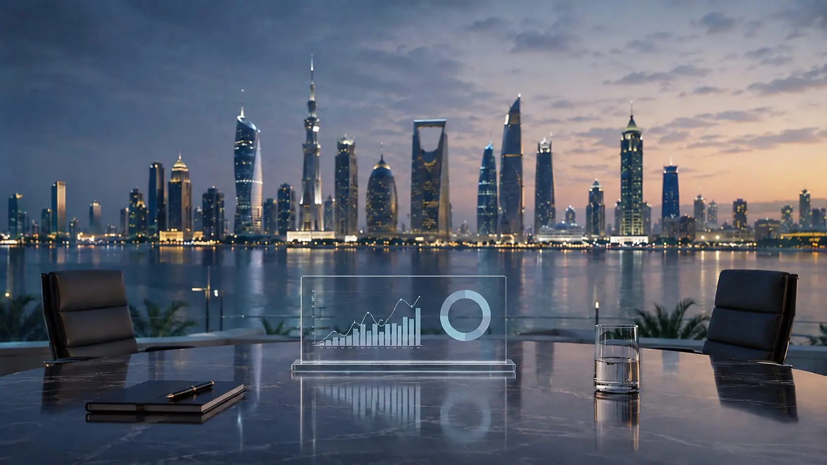 Gulf city skylines at dusk seen across water from a boardroom table with a holographic financial chart