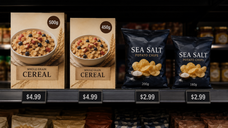 Supermarket shelf showing shrinkflation: 500g vs 450g cereal boxes at $4.99 each, and 200g vs 180g potato chip bags at $2.99 each