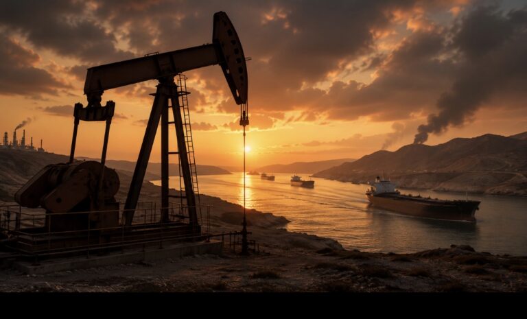 Oil pumpjack at sunset with crude oil tankers transiting a Gulf strait and a refinery in the background