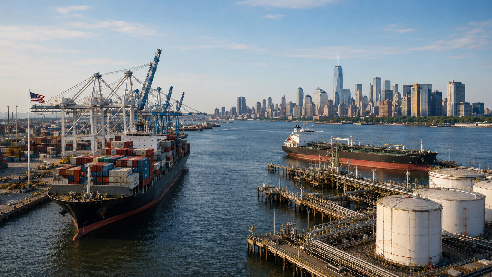 US trade view: container ship, crude oil tanker and storage tanks at a US port with the New York City skyline in the background