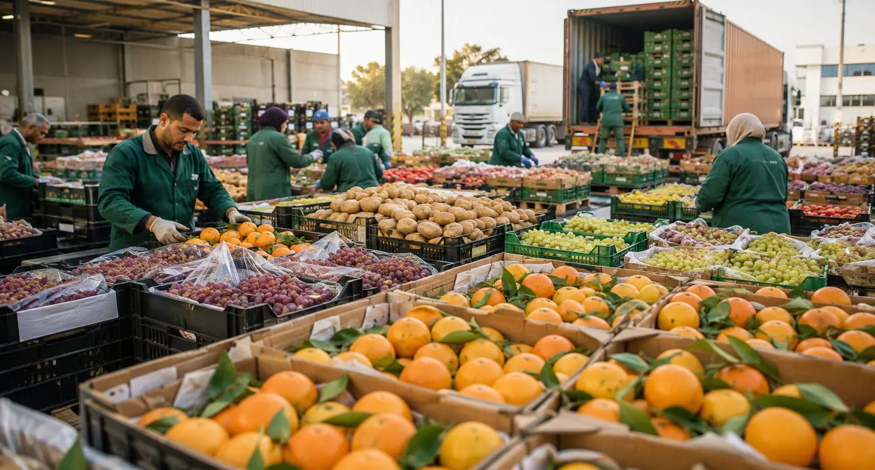 Workers in green uniforms sort and pack oranges, potatoes, grapes and other fresh produce into crates at a packing warehouse, with trucks loading in the background