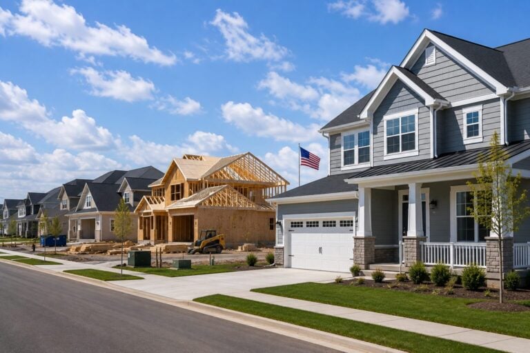 A row of suburban single-family houses, one under construction, with a US flag