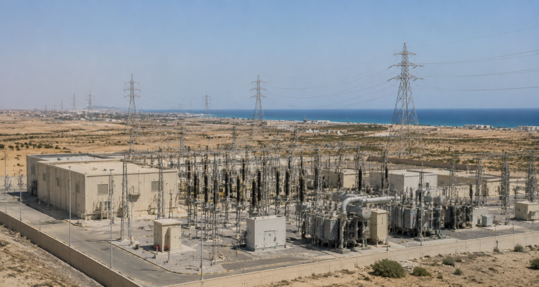 High-voltage electricity substation and transmission network in a coastal desert landscape, illustrative
