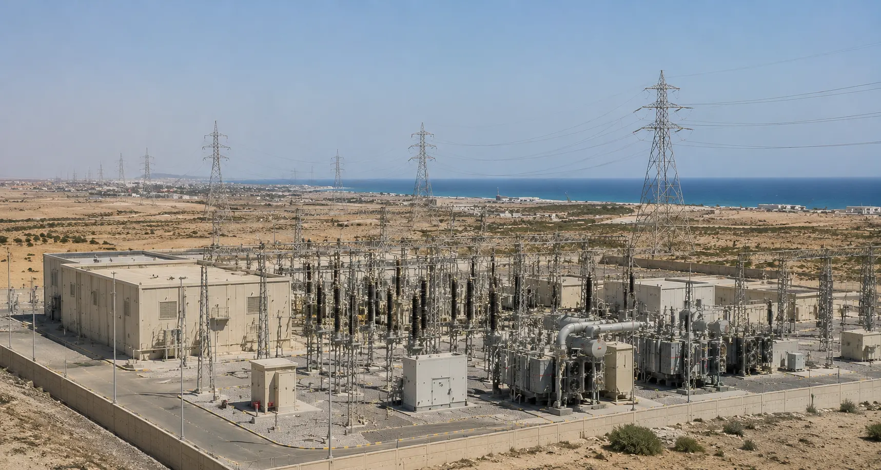 High-voltage electricity substation and transmission network in a coastal desert landscape, illustrative