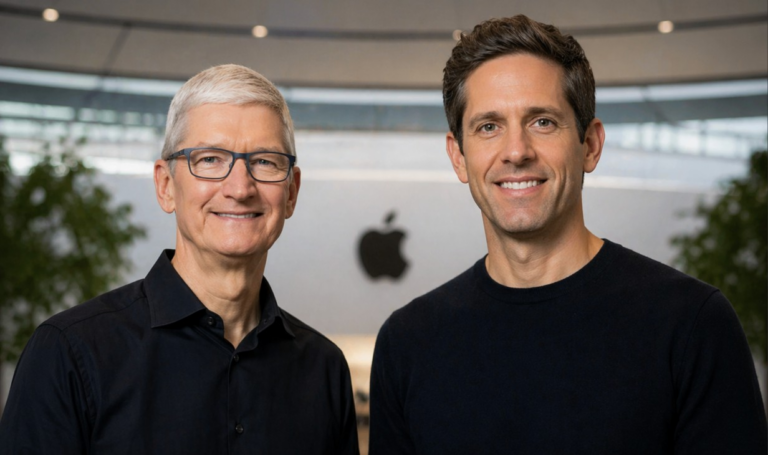 Tim Cook, outgoing Apple chief executive, and John Ternus, incoming Apple chief executive