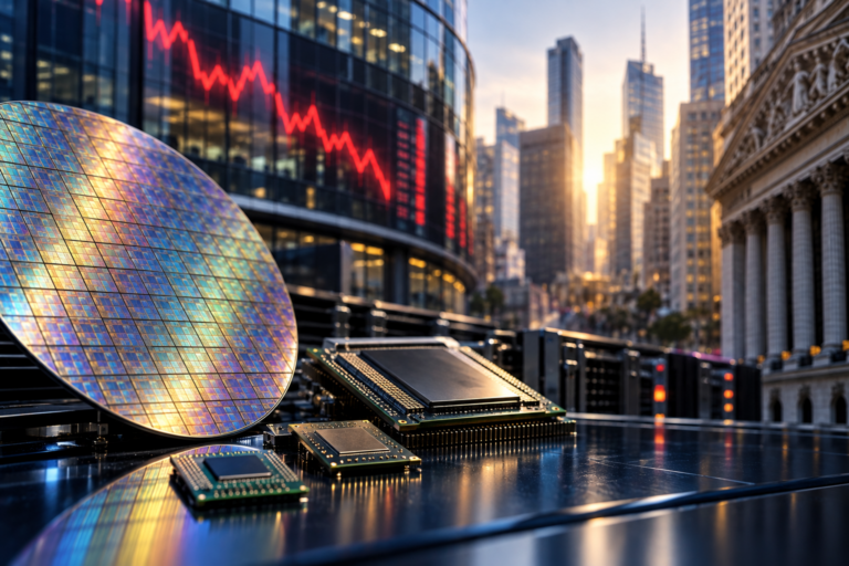Silicon wafer and processor chips on a trading floor surface, with a falling red equity chart on a tower screen and an exchange building behind, AI chip stocks selloff, global markets