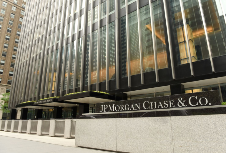 JPMorgan Chase & Co. office building with the company name on a granite sign at the entrance, US