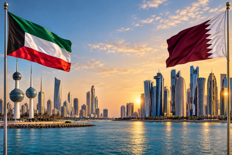 The flags of Kuwait and Qatar flying at sunset over a waterfront, with Kuwait Towers and the Kuwait City skyline on the left and the Doha skyline on the right