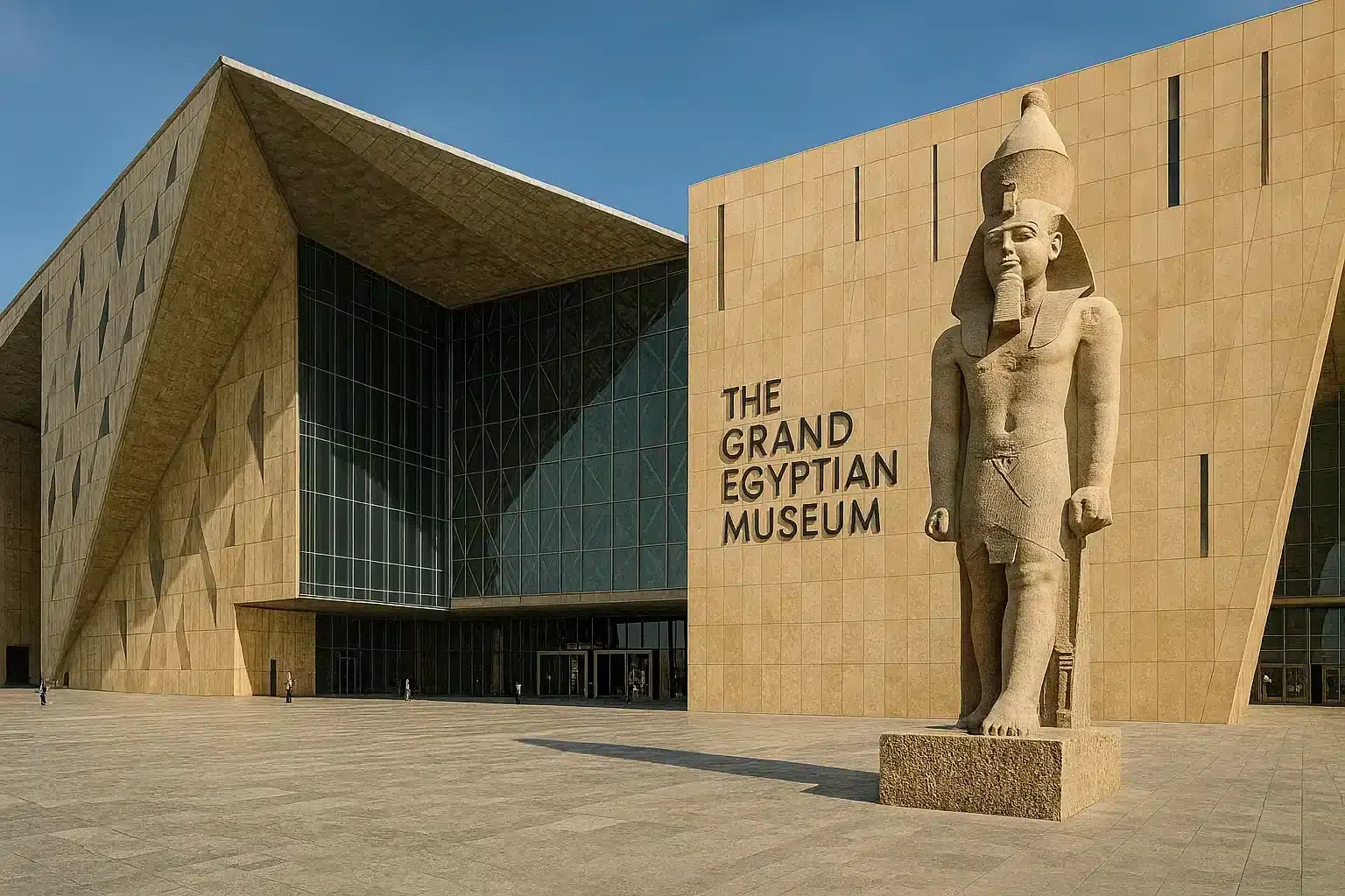 Entrance facade of the Grand Egyptian Museum in Giza with the colossal statue of King Ramesses II