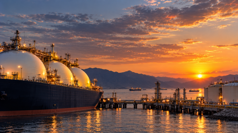 LNG carrier with four spherical tanks berthed at a liquefaction terminal at sunset