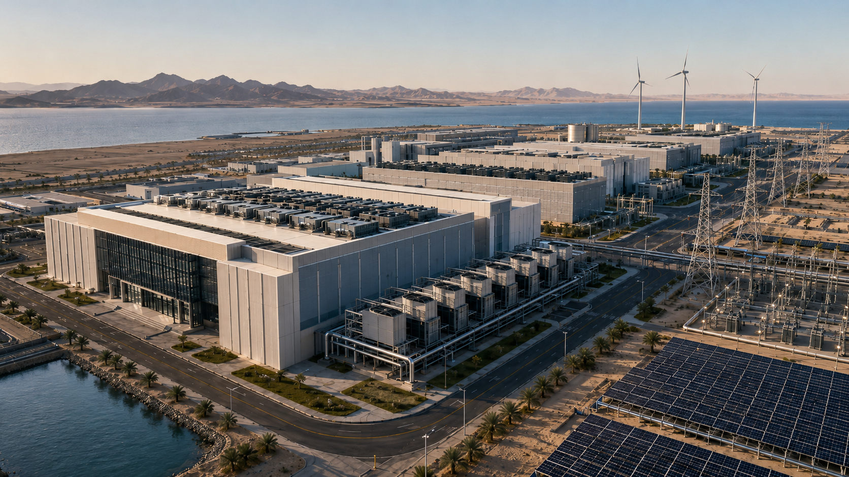 AI-generated concept rendering of the Humain/DataVolt AI data centre at Oxagon, Neom, Saudi Arabia, showing data halls, solar panels, wind turbines and a grid substation on the Red Sea coast