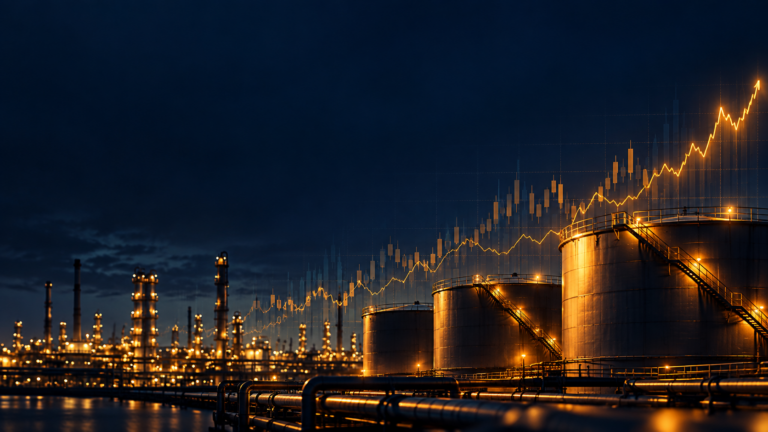 Oil storage tanks and a refinery at night under a rising price chart overlay