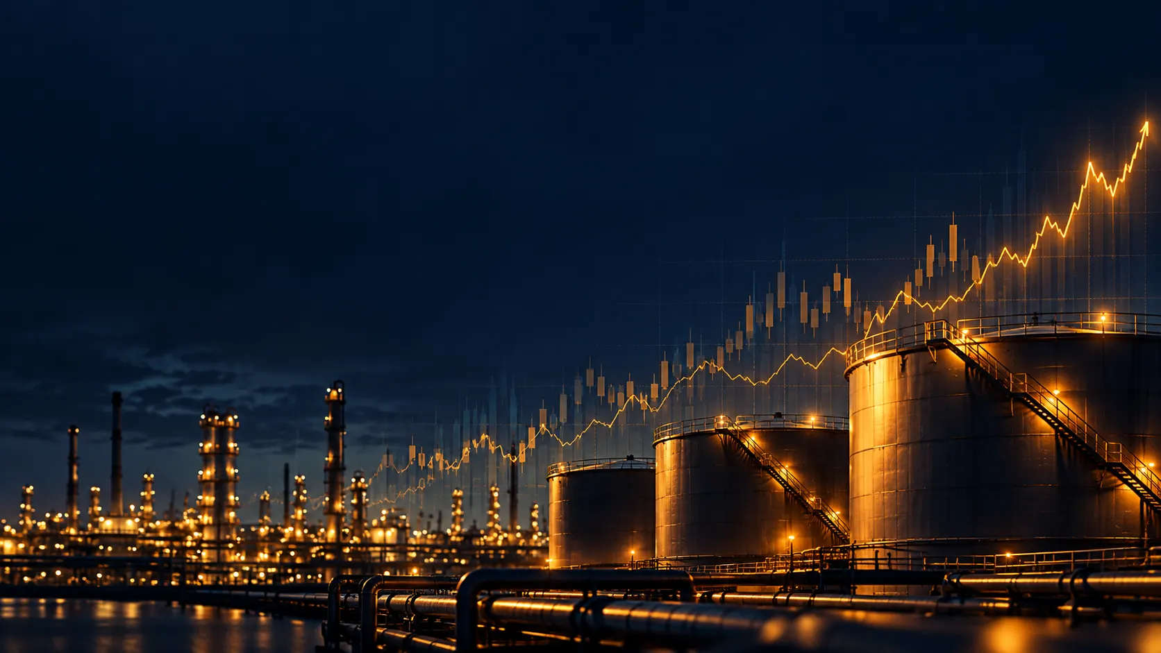 Oil storage tanks and a refinery at night under a rising price chart overlay