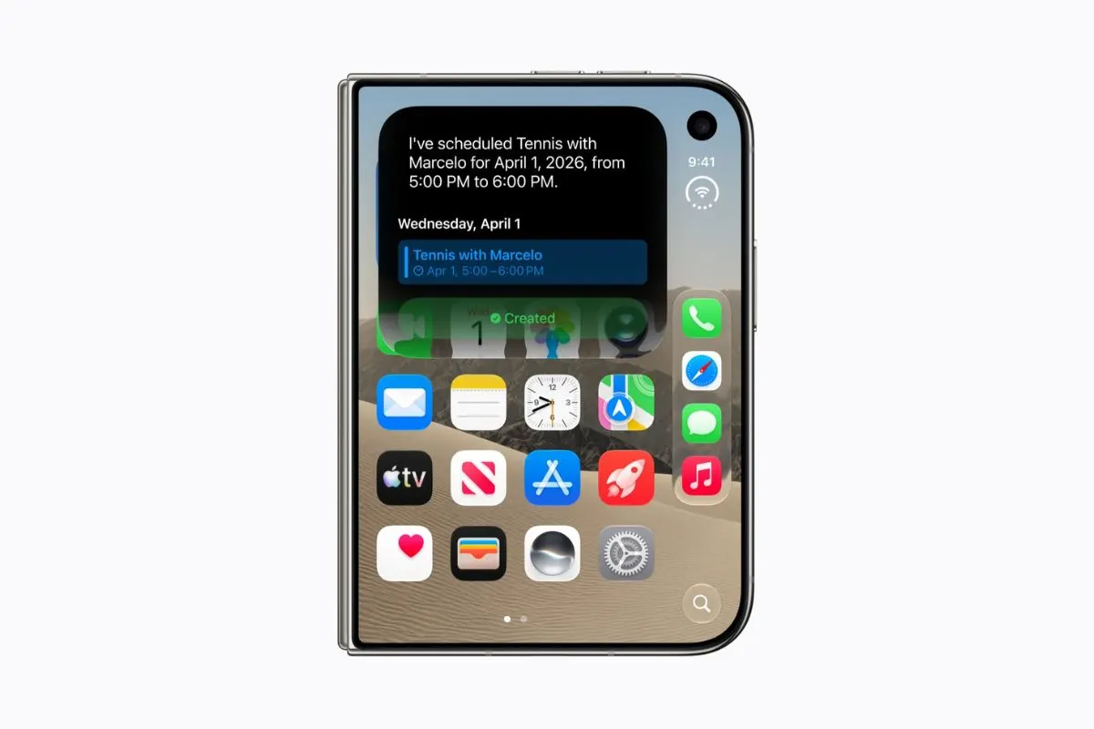 An Apple iPhone Duo foldable smartphone shown folded, its outer display showing app icons and a calendar entry, against a plain white background