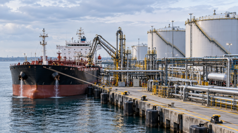 A product tanker berthed at a fuel terminal jetty, connected to loading arms beside pipework and large white storage tanks