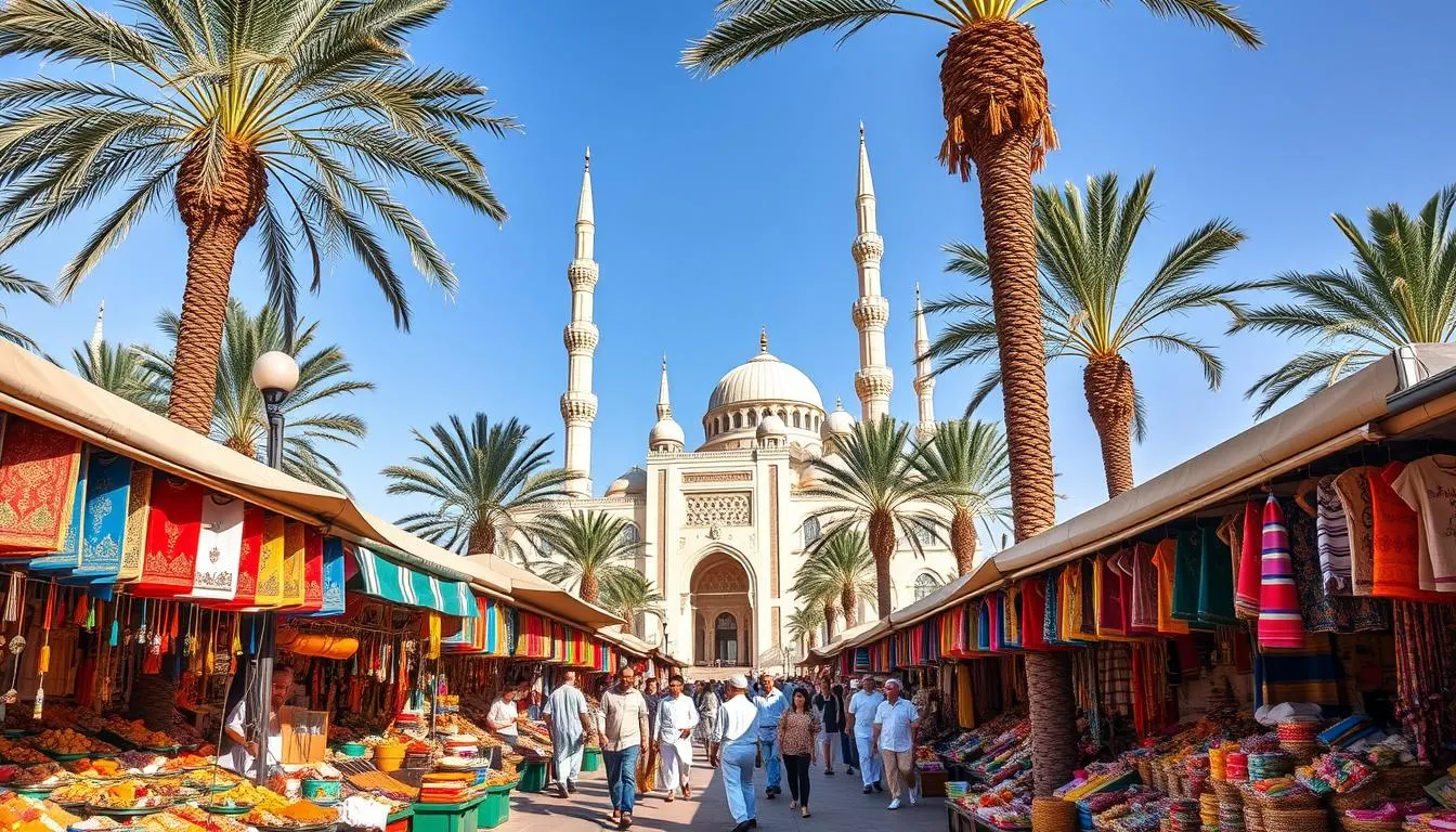 An open-air market street in Muscat lined with stalls of textiles, spices and household goods under awnings, palm trees and shoppers, with a mosque and minarets behind