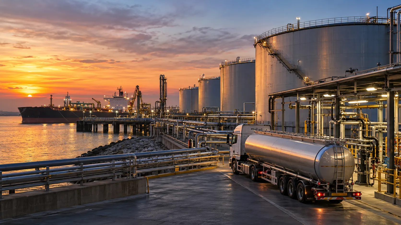 A fuel tanker truck at a harbour oil terminal at sunset, with large storage tanks, pipework and a ship at the jetty behind it