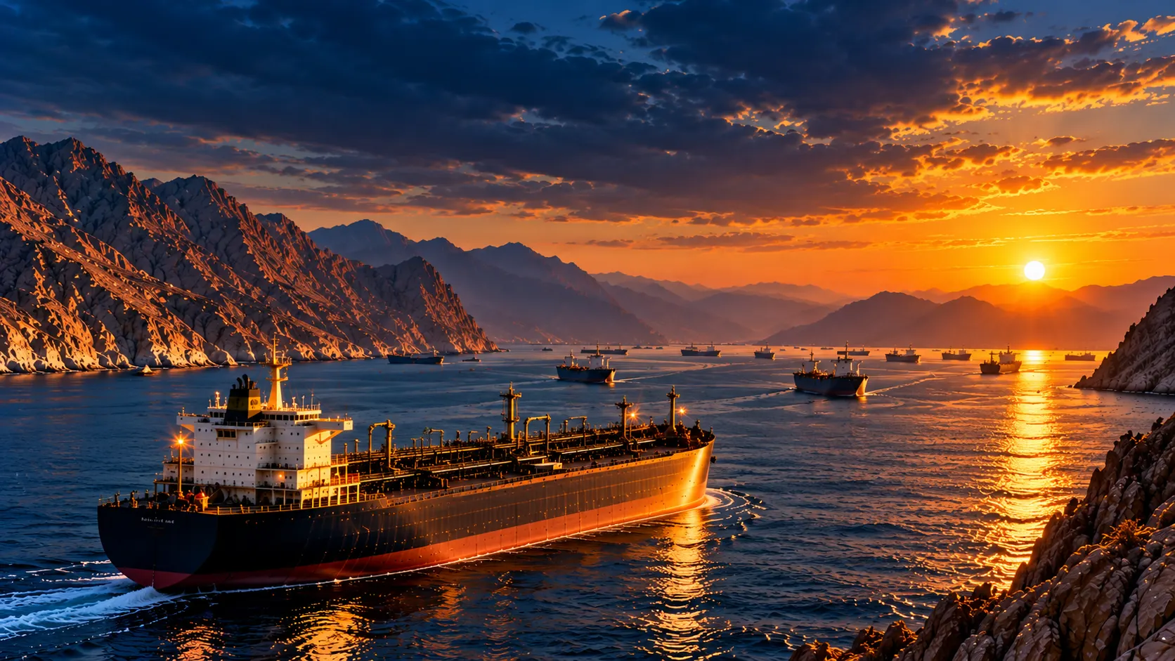 Tanker in a Gulf Strait at Sunset, Middle East