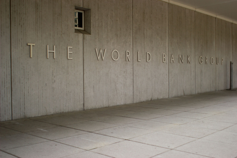 The World Bank Group name in raised letters on the concrete wall of its headquarters building in Washington