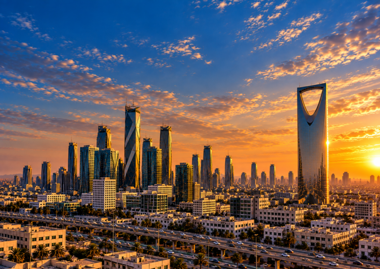 The Riyadh skyline at sunset with the Kingdom Centre tower and the King Abdullah Financial District towers