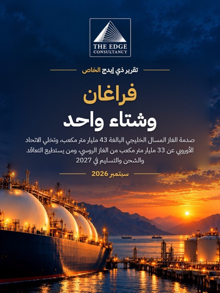 فراغان وشتاء واحد — صدمة الغاز المسال الخليجي البالغة 43 مليار متر مكعب، وتخلي الاتحاد الأوروبي عن 33 مليار متر مكعب من الغاز الروسي، ومن يستطيع التعاقد والشحن والتسليم في 2027